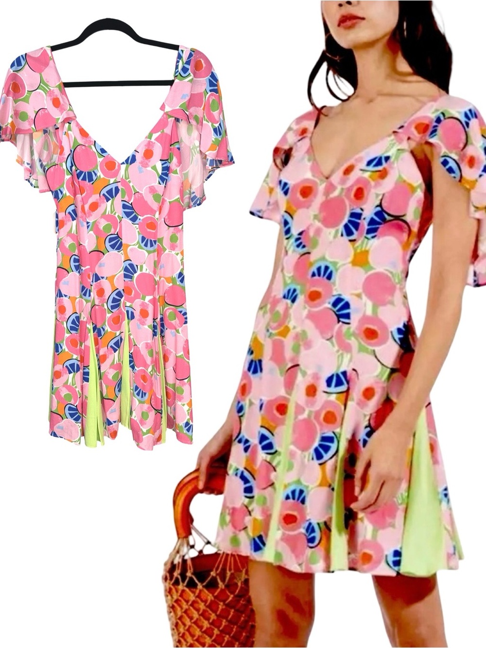 STAUD Pink Floral V-Neck Ruffle Sleeve Dress with Lime Panels Sz 8